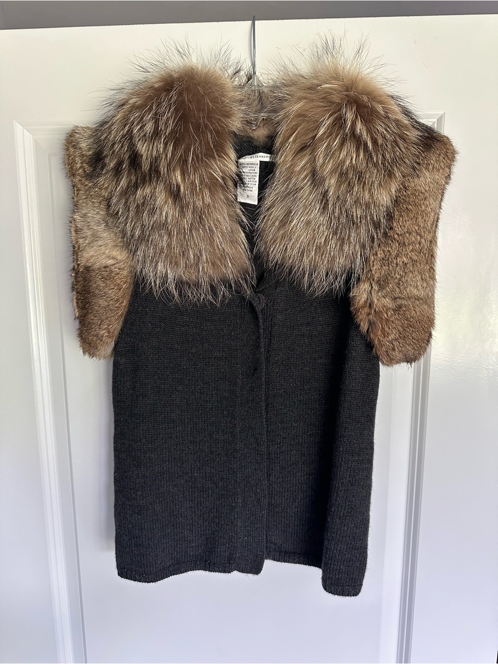 Diane Von Furstenberg Charcoal Knit Vest with removable fur collar and shoulders